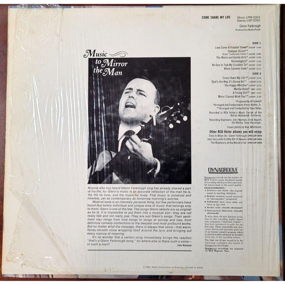 Glenn Yarbrough LP Come Share My Life on RCA Victor VG+/VG- Pop Easy - Picture 2 of 4